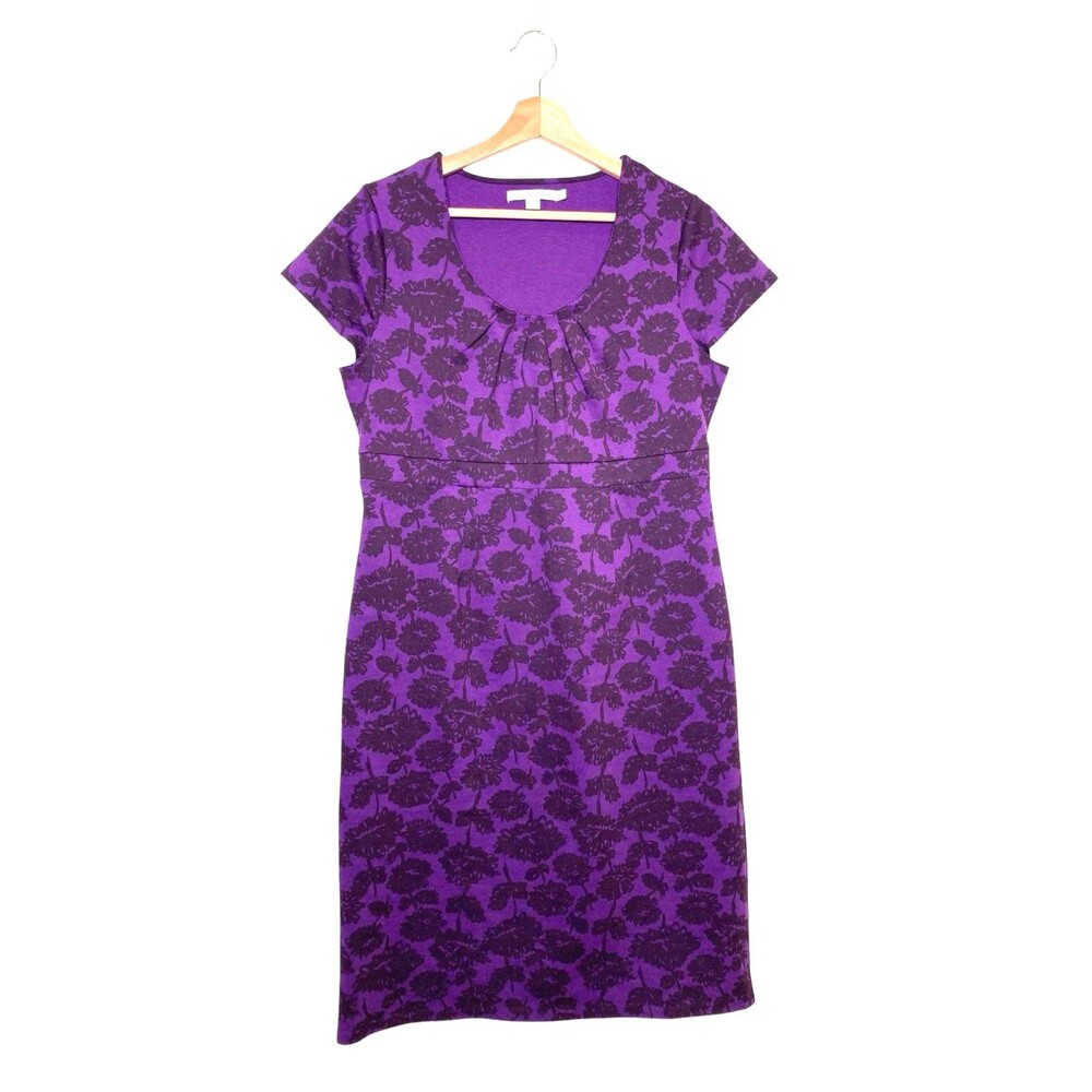 Boden Purple Floral Sheath Dress US 10 L UK 14 L Stretch Knit Career Work Dress
